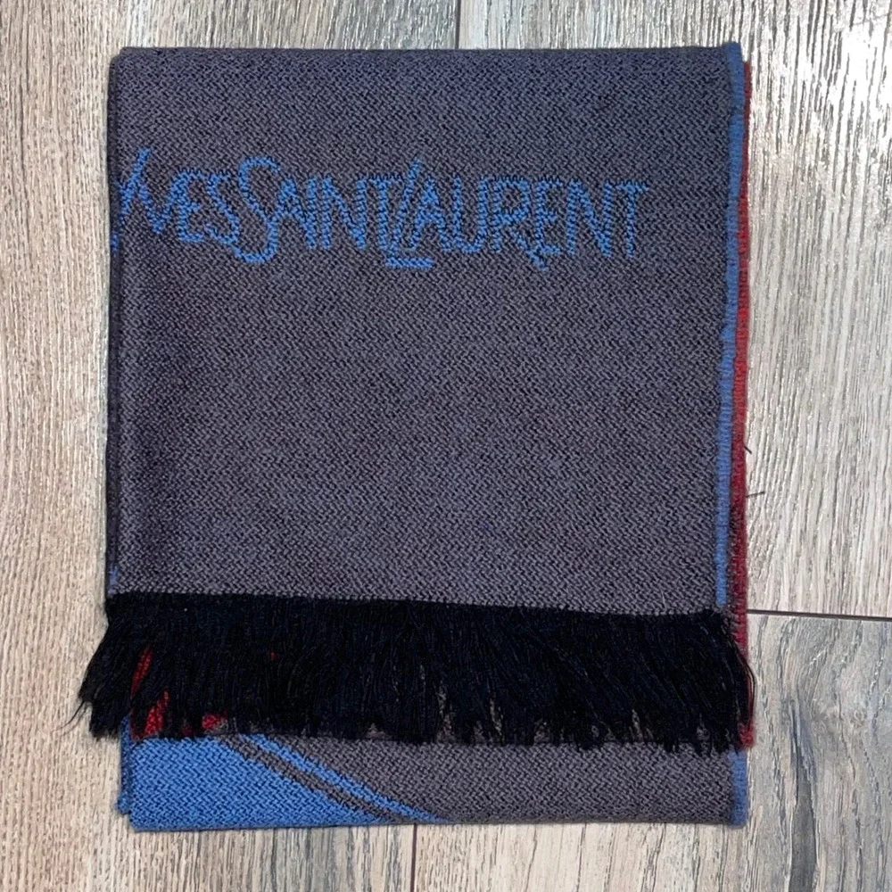 Vintage Yves Saint Laurent YSL Wool Scarf Geometric Diamond Blue Red Grey 66in